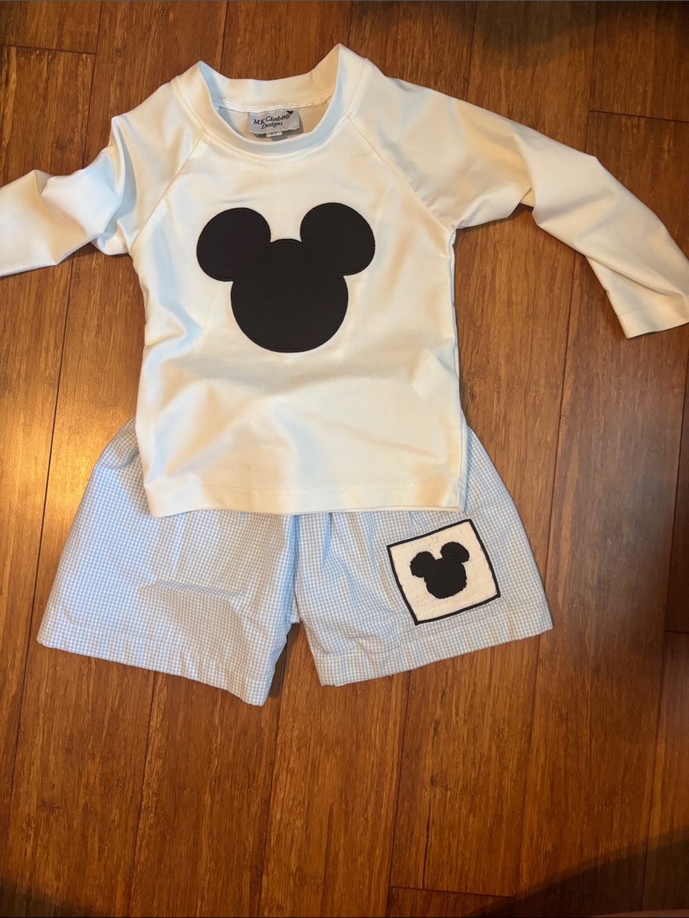 MK Boutique White Top & Light Blue Shorts Pajama Set with Black Mouse Appliqué